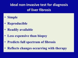 Ideal non-invasive test for diagnosis
of liver fibrosis
• Simple
• Reproducible
• Readily available
• Less expensive than ...