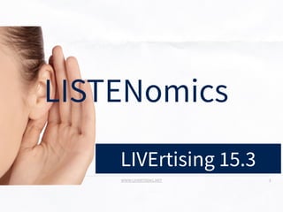 WWW.LIVERTISING.NET
LIVERTISING - IHECS - BRUSSELS -
2014 1
LIVErtising 15.3
LISTENomics
 