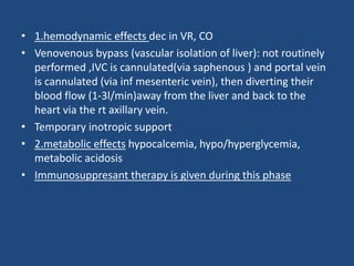• 1.hemodynamic effects dec in VR, CO
• Venovenous bypass (vascular isolation of liver): not routinely
performed ,IVC is cannulated(via saphenous ) and portal vein
is cannulated (via inf mesenteric vein), then diverting their
blood flow (1-3l/min)away from the liver and back to the
heart via the rt axillary vein.
• Temporary inotropic support
• 2.metabolic effects hypocalcemia, hypo/hyperglycemia,
metabolic acidosis
• Immunosuppresant therapy is given during this phase
 