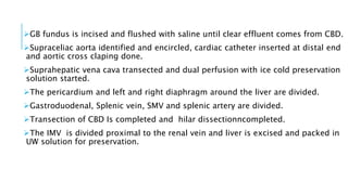 GB fundus is incised and flushed with saline until clear effluent comes from CBD.
Supraceliac aorta identified and encircled, cardiac catheter inserted at distal end
and aortic cross claping done.
Suprahepatic vena cava transected and dual perfusion with ice cold preservation
solution started.
The pericardium and left and right diaphragm around the liver are divided.
Gastroduodenal, Splenic vein, SMV and splenic artery are divided.
Transection of CBD Is completed and hilar dissectionncompleted.
The IMV is divided proximal to the renal vein and liver is excised and packed in
UW solution for preservation.
 