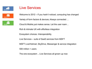 Live Services
Welcome to 2012 – If you hadn’t noticed, computing has changed

Variety of form factors & devices; Always connected …

Cloud & Mobile just makes sense. Let the user roam ..

Rich & intimate UX with effortless integration

Ecosystem choices. Interoperability

Live Services – suite of SaaS services from MSFT

MSFT Live/Hotmail, SkyDrive, Messenger & service integration

500 million + users

The one ecosystem .. Live Services all grown up now
 