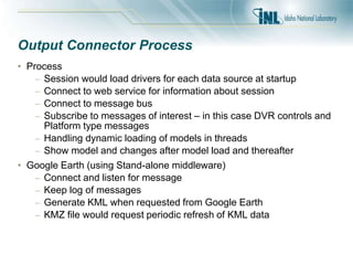 Output Connector Process
• Process
– Session would load drivers for each data source at startup
– Connect to web service for information about session
– Connect to message bus
– Subscribe to messages of interest – in this case DVR controls and
Platform type messages
– Handling dynamic loading of models in threads
– Show model and changes after model load and thereafter
• Google Earth (using Stand-alone middleware)
– Connect and listen for message
– Keep log of messages
– Generate KML when requested from Google Earth
– KMZ file would request periodic refresh of KML data
 
