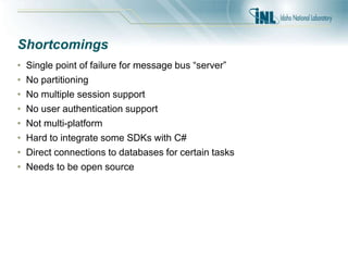 Shortcomings
• Single point of failure for message bus “server”
• No partitioning
• No multiple session support
• No user authentication support
• Not multi-platform
• Hard to integrate some SDKs with C#
• Direct connections to databases for certain tasks
• Needs to be open source
 
