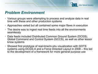 Problem Environment
• Various groups were attempting to process and analyze data in real
time with these and other production systems
• Approaches varied but all contained some major flaws in execution
• The desire was to ingest real time feeds into all the environments
seamlessly
• Data feeds included Distributed Common Ground System (DCGS),
Global Command and Control System (GCCS), as well as other lessor
know systems
• Showed first prototype of real-time/in-situ visualization with GOTS
systems using DCGS-A and a Force Directed Layout in 2008 – this led
to the development of a framework for more general purpose use
 