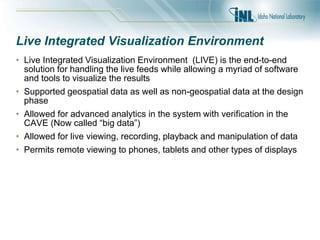 Live Integrated Visualization Environment
• Live Integrated Visualization Environment (LIVE) is the end-to-end
solution for handling the live feeds while allowing a myriad of software
and tools to visualize the results
• Supported geospatial data as well as non-geospatial data at the design
phase
• Allowed for advanced analytics in the system with verification in the
CAVE (Now called “big data”)
• Allowed for live viewing, recording, playback and manipulation of data
• Permits remote viewing to phones, tablets and other types of displays
 