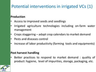 Potential interventions in irrigated VCs (1)

Production
• Access to improved seeds and seedlings
• Irrigated agriculture ...
