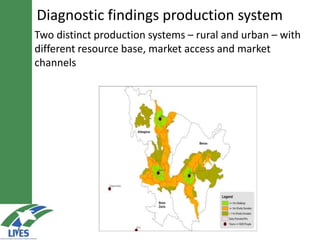 Two distinct production systems – rural and urban – with
different resource base, market access and market
channels
Diagnostic findings production system
 
