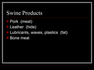 Swine Products Pork  (meat) Leather  (hide) Lubricants, waxes, plastics  (fat) Bone meal 