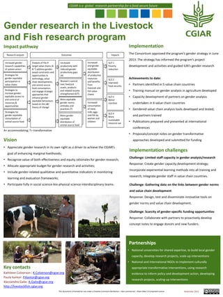 CGIAR is a global research partnership for a food secure future

Gender research in the Livestock
and Fish research program
Implementation

Impact pathway

The Consortium approved the program’s gender strategy in June
2013. The strategy has informed the program’s project
development and activities and guided ILRI’s gender research

Achievements to date:
• Partners identified in 5 value chain countries
• Training manual on gender analysis in agriculture developed
• Capacity development of partners on gender analysis
undertaken in 6 value chain countries

• Gendered value chain analysis tools developed and tested,
and partners trained
• Publications prepared and presented at international
conferences

A= accommodating; T= transformative

• Proposals/concept notes on gender transformative

Vision

approaches developed and submitted for funding

• Appreciate gender research in its own right as a driver to achieve the CGIAR’s
goal of enhancing marginal livelihoods;

Implementation challenges

• Recognize value of both effectiveness and equity rationales for gender research;

Challenge: Limited staff capacity in gender analysis/research

• Allocate appropriate budget for gender research and activities;

Response: Create gender capacity development strategy;

• Include gender-related qualitative and quantitative indicators in monitoring

Incorporate experiential learning methods into all training and
research; Integrate gender staff in value chain countries.

learning and evaluation frameworks;
• Participate fully in social science-bio-physical science interdisciplinary teams.

Challenge: Gathering data on the links between gender norms

and value chain development
Response: Design, test and disseminate innovative tools on
gender norms and value chain development.
Challenge: Scarcity of gender-specific funding opportunities
Response: Collaborate with partners to proactively develop
concept notes to engage donors and new funders.

Partnerships
• National universities for shared expertise, to build local gender
Pictures

capacity, develop research projects, scale-up interventions
• National and international NGOs to implement culturally

Key contacts

appropriate transformative interventions, using research

Kathleen Colverson : K.Colverson@cgiar.org
Paula Kantor: P.Kantor@cgiar.org
Alessandra Galie: A.Galie@cgiar.org
http://livestockfish.cgiar.org

evidence to inform policy and development action, developing
research projects, scaling-up interventions

This document is licensed for use under a Creative Commons Attribution – Non commercial – Share Alike 3.0 Unported License

November 2013

 