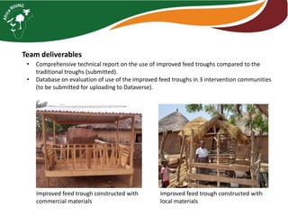 Team deliverables
• Comprehensive technical report on the use of improved feed troughs compared to the
traditional troughs (submitted).
• Database on evaluation of use of the improved feed troughs in 3 intervention communities
(to be submitted for uploading to Dataverse).
Improved feed trough constructed with
commercial materials
Improved feed trough constructed with
local materials
 