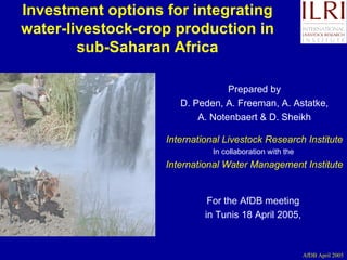 Investment options for integrating water-livestock-crop production in sub-Saharan Africa Prepared by D. Peden, A. Freeman, A. Astatke,  A. Notenbaert & D. Sheikh International Livestock Research Institute In collaboration with the   International Water Management Institute For the AfDB meeting  in Tunis 18 April 2005,  AfDB April 2005 