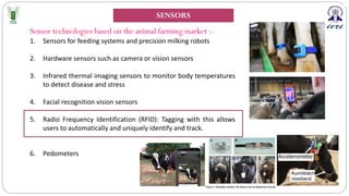 Sensor technologies based on the animal farming market :-
1. Sensors for feeding systems and precision milking robots
2. Hardware sensors such as camera or vision sensors
3. Infrared thermal imaging sensors to monitor body temperatures
to detect disease and stress
4. Facial recognition vision sensors
5. Radio Frequency Identification (RFID): Tagging with this allows
users to automatically and uniquely identify and track.
6. Pedometers
SENSORS
 