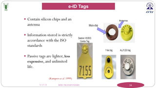 3/17/23 RFID-TRANSPONDERS 34
Antenna
— Contain silicon chips and an
antenna
— Information stored is strictly
accordance with the ISO
standards
— Passive tags are lighter, less
expensive, and unlimited
life.
(Kampers et al. 1999)
e-ID Tags
 