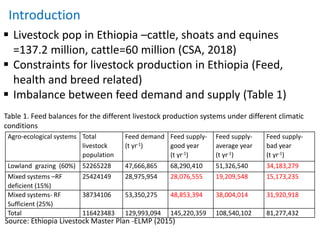 Introduction
 Livestock pop in Ethiopia –cattle, shoats and equines
=137.2 million, cattle=60 million (CSA, 2018)
 Constraints for livestock production in Ethiopia (Feed,
health and breed related)
 Imbalance between feed demand and supply (Table 1)
Agro-ecological systems Total
livestock
population
Feed demand
(t yr-1)
Feed supply-
good year
(t yr-1)
Feed supply-
average year
(t yr-1)
Feed supply-
bad year
(t yr-1)
Lowland grazing (60%) 52265228 47,666,865 68,290,410 51,326,540 34,183,279
Mixed systems –RF
deficient (15%)
25424149 28,975,954 28,076,555 19,209,548 15,173,235
Mixed systems- RF
Sufficient (25%)
38734106 53,350,275 48,853,394 38,004,014 31,920,918
Total 116423483 129,993,094 145,220,359 108,540,102 81,277,432
Source: Ethiopia Livestock Master Plan -ELMP (2015)
Table 1. Feed balances for the different livestock production systems under different climatic
conditions
 