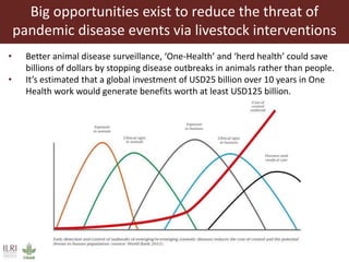 Big opportunities exist to reduce the threat of
pandemic disease events via livestock interventions
• Better animal disease surveillance, ‘One-Health’ and ‘herd health’ could save
billions of dollars by stopping disease outbreaks in animals rather than people.
• It’s estimated that a global investment of USD25 billion over 10 years in One
Health work would generate benefits worth at least USD125 billion.
 