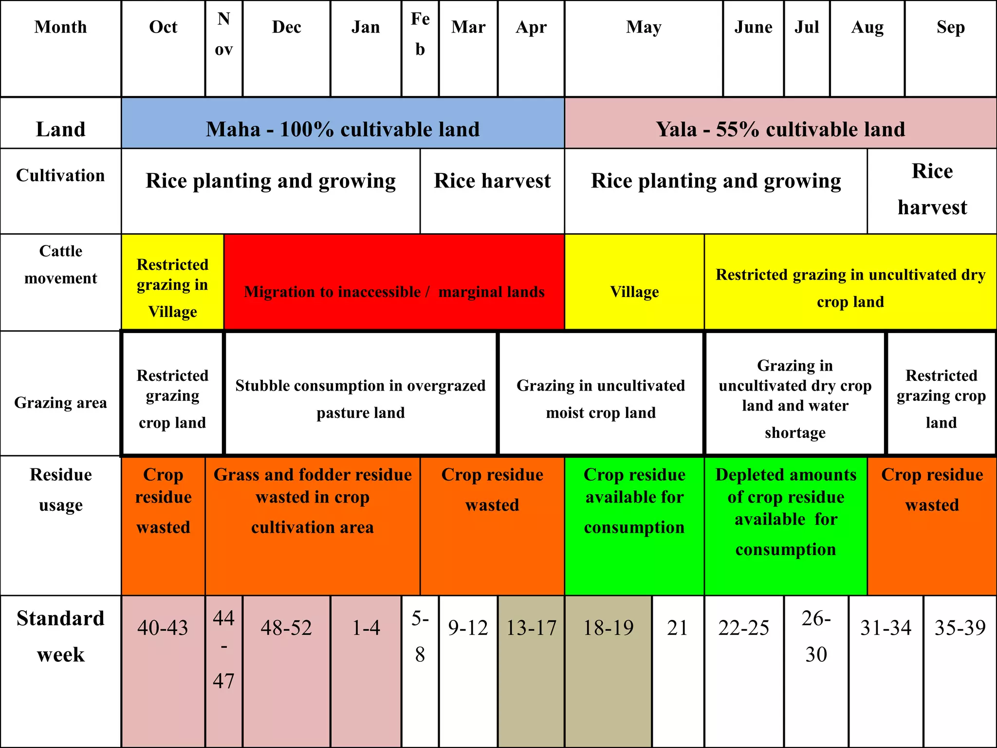 Month Oct N
ov
Dec Jan Fe
b
Mar Apr May June Jul Aug Sep
Land Maha - 100% cultivable land Yala - 55% cultivable land
Cultivation Rice planting and growing Rice harvest Rice planting and growing Rice
harvest
Cattle
movement
Restricted
grazing in
Village
Migration to inaccessible / marginal lands Village
Restricted grazing in uncultivated dry
crop land
Grazing area
Restricted
grazing
crop land
Stubble consumption in overgrazed
pasture land
Grazing in uncultivated
moist crop land
Grazing in
uncultivated dry crop
land and water
shortage
Restricted
grazing crop
land
Residue
usage
Crop
residue
wasted
Grass and fodder residue
wasted in crop
cultivation area
Crop residue
wasted
Crop residue
available for
consumption
Depleted amounts
of crop residue
available for
consumption
Crop residue
wasted
Standard
week
40-43 44
-
47
48-52 1-4 5-
8
9-12 13-17 18-19 21 22-25 26-
30
31-34 35-39
 