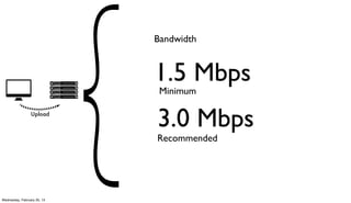 Bandwidth


                             1.5 Mbps
                              Minimum

                 Upload
                             3.0 Mbps
                             Recommended




Wednesday, February 20, 13
 