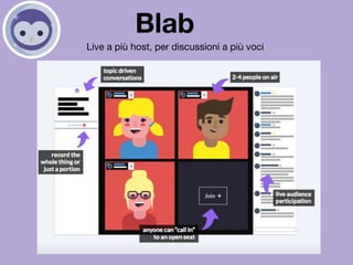Blab
Live a più host, per discussioni a più voci
 