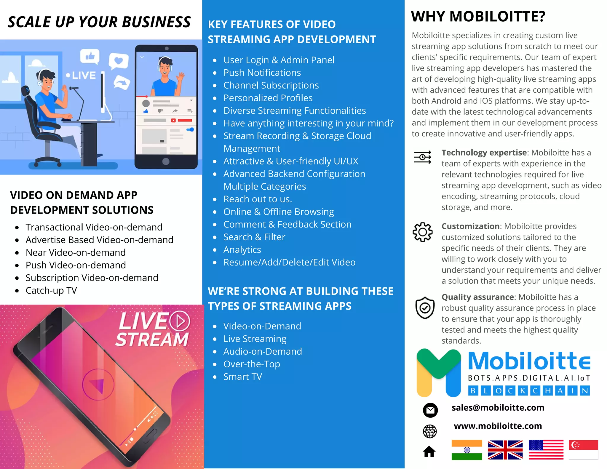 Mobiloitte specializes in creating custom live
streaming app solutions from scratch to meet our
clients' specific requirements. Our team of expert
live streaming app developers has mastered the
art of developing high-quality live streaming apps
with advanced features that are compatible with
both Android and iOS platforms. We stay up-to-
date with the latest technological advancements
and implement them in our development process
to create innovative and user-friendly apps.
WHY MOBILOITTE?
SCALE UP YOUR BUSINESS
www.mobiloitte.com
sales@mobiloitte.com
Technology expertise: Mobiloitte has a
team of experts with experience in the
relevant technologies required for live
streaming app development, such as video
encoding, streaming protocols, cloud
storage, and more.
Customization: Mobiloitte provides
customized solutions tailored to the
specific needs of their clients. They are
willing to work closely with you to
understand your requirements and deliver
a solution that meets your unique needs.
Quality assurance: Mobiloitte has a
robust quality assurance process in place
to ensure that your app is thoroughly
tested and meets the highest quality
standards.
VIDEO ON DEMAND APP
DEVELOPMENT SOLUTIONS
Transactional Video-on-demand
Advertise Based Video-on-demand
Near Video-on-demand
Push Video-on-demand
Subscription Video-on-demand
Catch-up TV
User Login & Admin Panel
Push Notifications
Channel Subscriptions
Personalized Profiles
Diverse Streaming Functionalities
Have anything interesting in your mind?
Stream Recording & Storage Cloud
Management
Attractive & User-friendly UI/UX
Advanced Backend Configuration
Multiple Categories
Reach out to us.
Online & Offline Browsing
Comment & Feedback Section
Search & Filter
Analytics
Resume/Add/Delete/Edit Video
KEY FEATURES OF VIDEO
STREAMING APP DEVELOPMENT
Video-on-Demand
Live Streaming
Audio-on-Demand
Over-the-Top
Smart TV
WE’RE STRONG AT BUILDING THESE
TYPES OF STREAMING APPS
 