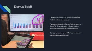 Bonus Tool!
The touch screen used here is a Windows
Tablet with an i5 processor.
We suggest running Panam Telestration or
NewTek Telestrator on to integrate the
telestration into your video production.
For our video we used vMix to create multi-
camera video production.
 