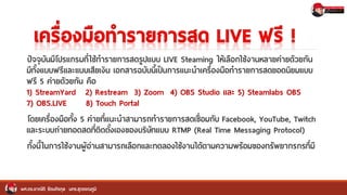 ปัจจุบันมีโปรแกรมที่ใช้ทารายการสดรูปแบบ LIVE Steaming ให้เลือกใช้งานหลายค่ายด้วยกัน
มีทั้งแบบฟรีและแบบเสียเงิน เอกสารฉบับนี้เป็นการแนะนาเครื่องมือทารายการสดยอดนิยมแบบ
ฟรี 5 ค่ายด้วยกัน คือ
1) StreamYard 2) Restream 3) Zoom 4) OBS Studio และ 5) Steamlabs OBS
7) OBS.LIVE 8) Touch Portal
โดยเครื่องมือทั้ง 5 ค่ายที่แนะนาสามารถทารายการสดเชื่อมกับ Facebook, YouTube, Twitch
และระบบถ่ายทอดสดที่ติดตั้งเองของบริษัทแบบ RTMP (Real Time Messaging Protocol)
ทั้งนี้ในการใช้งานผู้อ่านสามารถเลือกและทดลองใช้งานได้ตามความพร้อมของทรัพยากรกรที่มี
ผศ.ดร.อาณัติ รัตนถิรกุล มทร.สุวรรณภูมิ
 