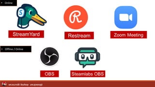 ผศ.ดร.อาณัติ รัตนถิรกุล มทร.สุวรรณภูมิ
Steamlabs OBSOBS
StreamYard Restream Zoom Meeting
• Online
• Offline / Online
 