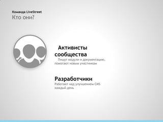 Команда LiveStreet
Кто они?




                      Активисты
                     сообщества
                       Пишут модули и документацию,
                     помогают новым участникам




                     Разработчики
                     Работают над улучшением CMS
                     каждый день
 