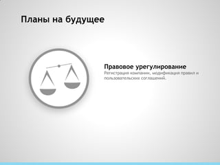 Планы на будущее




               Правовое урегулирование
               Регистрация компании, модификация правил и
               пользовательских соглашений.
 
