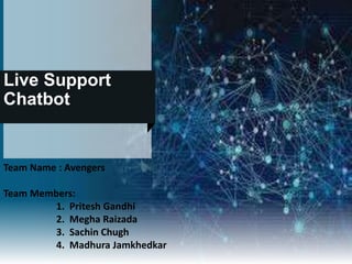 Live Support
Chatbot
Team Name : Avengers
Team Members:
1. Pritesh Gandhi
2. Megha Raizada
3. Sachin Chugh
4. Madhura Jamkhedkar
 