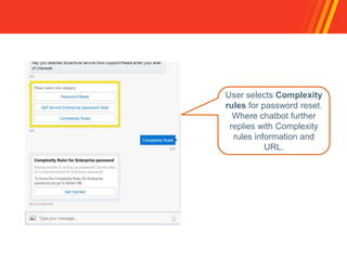 User selects Complexity
rules for password reset.
Where chatbot further
replies with Complexity
rules information and
URL.
 