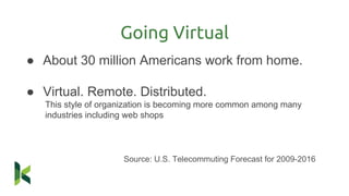 ● About 30 million Americans work from home.
● Virtual. Remote. Distributed.
This style of organization is becoming more common among many
industries including web shops
Source: U.S. Telecommuting Forecast for 2009-2016
Going Virtual
 