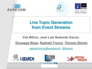 Live Topic Generation
from Event Streams
Vuk Milicic, José Luis Redondo Garcia,
Giuseppe Rizzo, Raphaël Troncy, Thomas Steiner
raphael.troncy@eurecom.fr / @rtroncy
 
