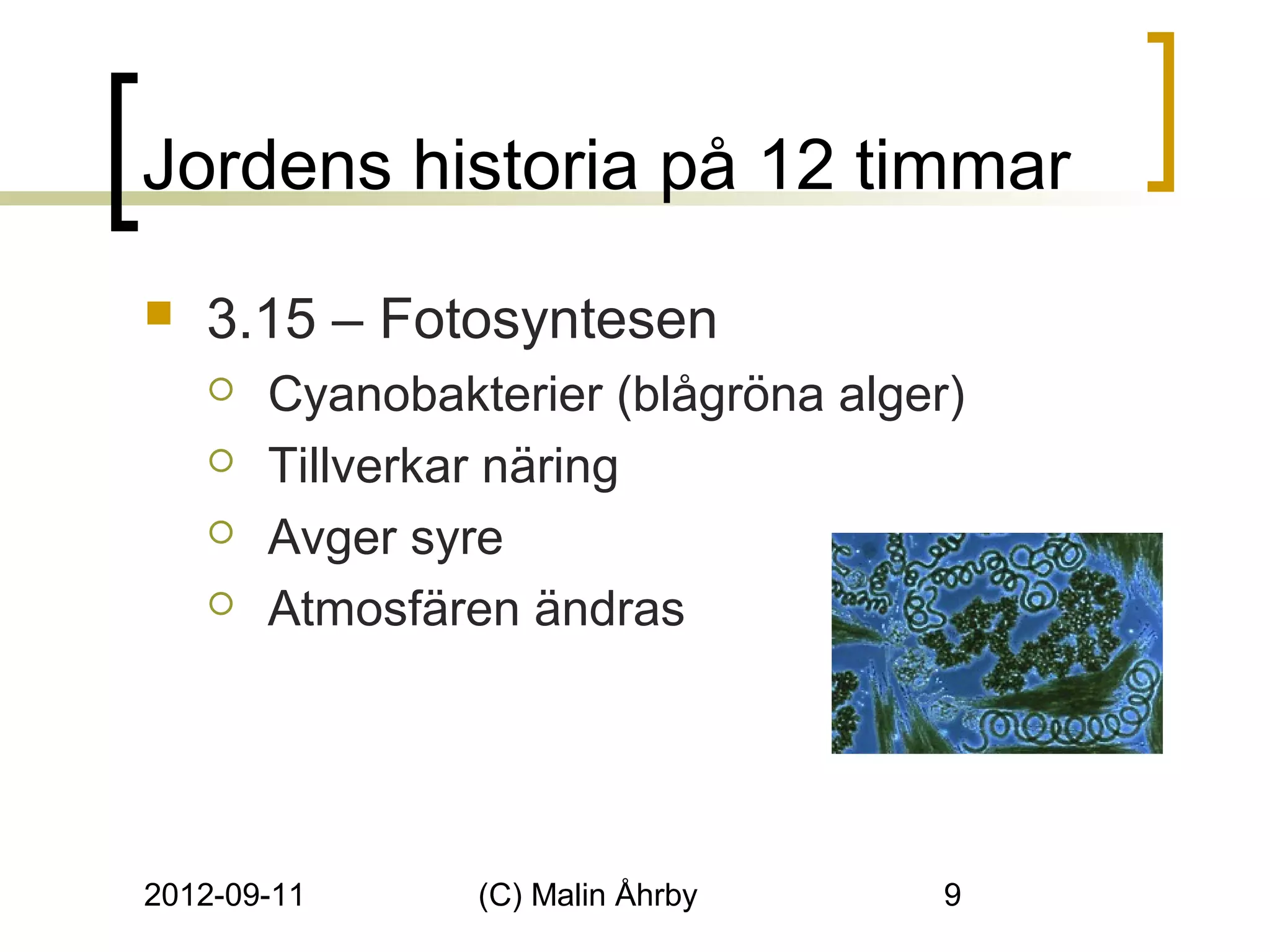 Jordens historia på 12 timmar
   3.15 – Fotosyntesen
       Cyanobakterier (blågröna alger)
       Tillverkar näring
       Avger syre
       Atmosfären ändras




2012-09-11       (C) Malin Åhrby      9
 