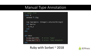 Ruby with Sorbet ~ 2018
Manual Type Annotation
 