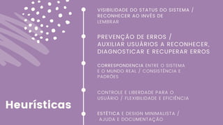 Heurísticas
VISIBILIDADE DO STATUS DO SISTEMA /
RECONHECER AO INVÉS DE
LEMBRAR
PREVENÇÃO DE ERROS /
AUXILIAR USUÁRIOS A RECONHECER,
DIAGNOSTICAR E RECUPERAR ERROS
CORRESPONDENCIA ENTRE O SISTEMA
E O MUNDO REAL / CONSISTÊNCIA E
PADRÕES
CONTROLE E LIBERDADE PARA O
USUÁRIO / FLEXIBILIDADE E EFICIÊNCIA
ESTÉTICA E DESIGN MINIMALISTA /
AJUDA E DOCUMENTAÇÃO
 