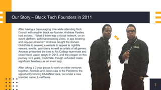 Our Story – Black Tech Founders in 2011
2
After having a discouraging time while attending Tech
Crunch with another black ...