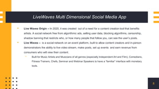 LiveWaves Multi Dimensional Social Media App
▪ Live Waves Origin – In 2020, it was created out of a need for a content cre...