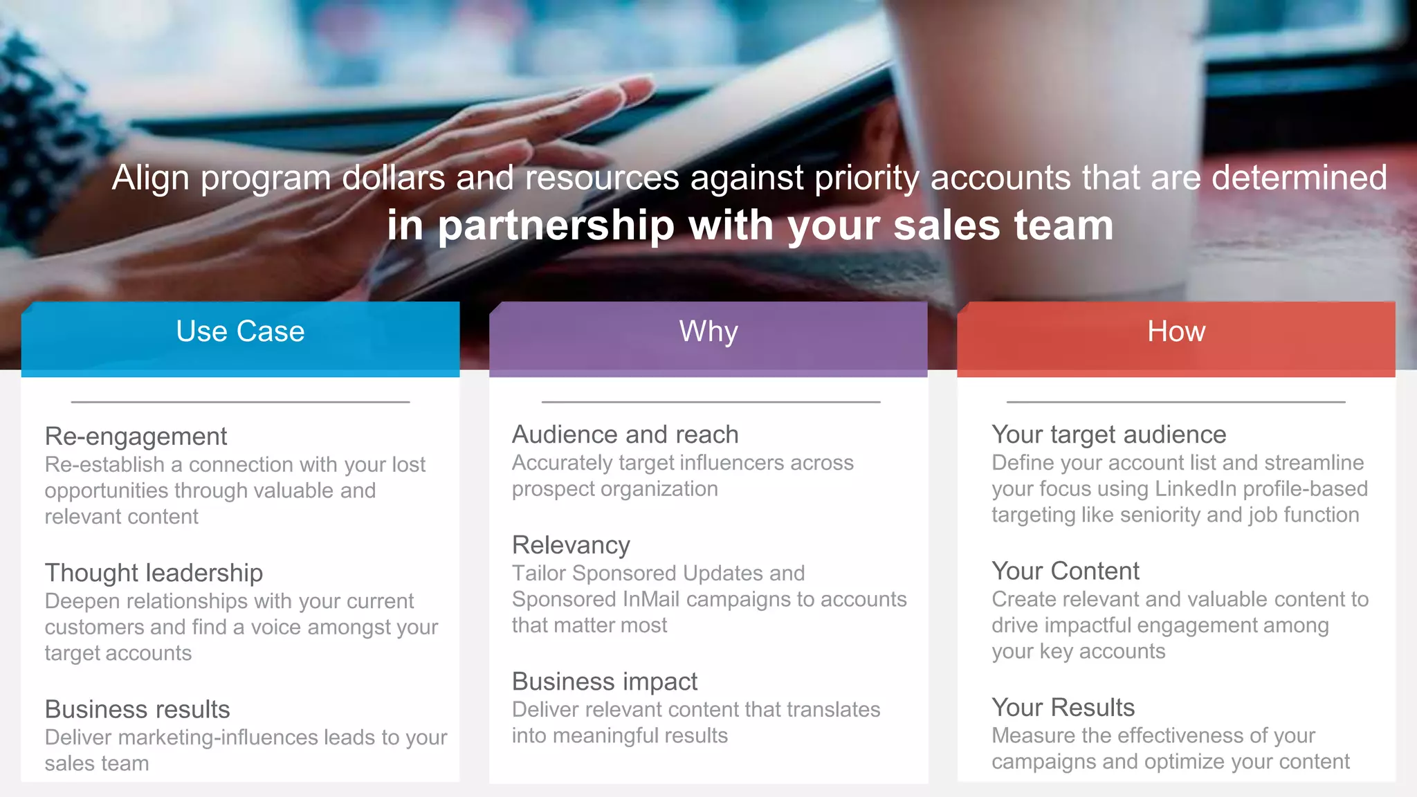 29
Align program dollars and resources against priority accounts that are determined
in partnership with your sales team
Use Case Why How
Audience and reach
Accurately target influencers across
prospect organization
Relevancy
Tailor Sponsored Updates and
Sponsored InMail campaigns to accounts
that matter most
Business impact
Deliver relevant content that translates
into meaningful results
Your target audience
Define your account list and streamline
your focus using LinkedIn profile-based
targeting like seniority and job function
Your Content
Create relevant and valuable content to
drive impactful engagement among
your key accounts
Your Results
Measure the effectiveness of your
campaigns and optimize your content
Re-engagement
Re-establish a connection with your lost
opportunities through valuable and
relevant content
Thought leadership
Deepen relationships with your current
customers and find a voice amongst your
target accounts
Business results
Deliver marketing-influences leads to your
sales team
 