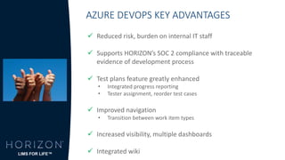 AZURE DEVOPS KEY ADVANTAGES
 Reduced risk, burden on internal IT staff
 Supports HORIZON’s SOC 2 compliance with traceable
evidence of development process
 Test plans feature greatly enhanced
• Integrated progress reporting
• Tester assignment, reorder test cases
 Improved navigation
• Transition between work item types
 Increased visibility, multiple dashboards
 Integrated wikiLIMS FOR LIFE™
 