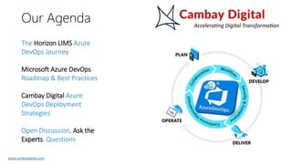 Our Agenda
The Horizon LIMS Azure
DevOps Journey
Microsoft Azure DevOps
Roadmap & Best Practices
Cambay Digital Azure
DevOps Deployment
Strategies
Open Discussion, Ask the
Experts, Questions
www.cambaydigital.com
 