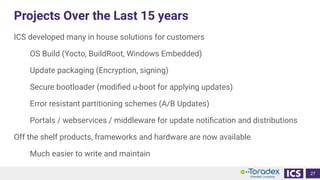 Projects Over the Last 15 years
ICS developed many in house solutions for customers
OS Build (Yocto, BuildRoot, Windows Embedded)
Update packaging (Encryption, signing)
Secure bootloader (modiﬁed u-boot for applying updates)
Error resistant partitioning schemes (A/B Updates)
Portals / webservices / middleware for update notiﬁcation and distributions
Off the shelf products, frameworks and hardware are now available
Much easier to write and maintain
27
 