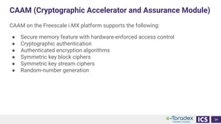 CAAM (Cryptographic Accelerator and Assurance Module)
CAAM on the Freescale i.MX platform supports the following:
● Secure memory feature with hardware-enforced access control
● Cryptographic authentication
● Authenticated encryption algorithms
● Symmetric key block ciphers
● Symmetric key stream ciphers
● Random-number generation
34
 