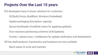 Projects Over the Last 15 years
ICS developed many in house solutions for customers
OS Build (Yocto, BuildRoot, Windows Em...