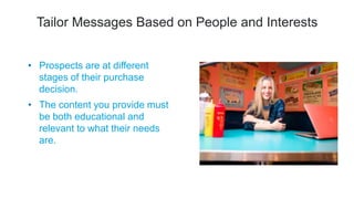 Tailor Messages Based on People and Interests
• Prospects are at different
stages of their purchase
decision.
• The content you provide must
be both educational and
relevant to what their needs
are.
 