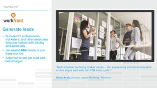 • Nurtured IT professionals,
marketers, and other enterprise
decision makers with display
and social ads
• Generated 640+ leads in just
three months
• Achieved a cost per lead well
below target
“Multi-channel nurturing makes sense – the sequencing and personalization
of ads aligns well with the B2B sales cycle.”
Micah Beals, Director, Digital Marketing, Workfront
TECHNOLOGY
Generate leads
 