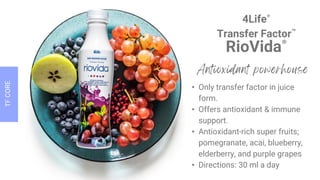 4Life®
Transfer Factor™
RioVida®
• Only transfer factor in juice
form.
• Offers antioxidant & immune
support.
• Antioxidant-rich super fruits;
pomegranate, acai, blueberry,
elderberry, and purple grapes
• Directions: 30 ml a day
 