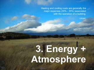 3. Energy + Atmosphere Heating and cooling costs are generally the major expenses (30% - 35%) associated with the operation of a building. USGBC 