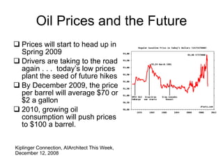 Oil Prices and the Future Prices will start to head up in Spring 2009 Drivers are taking to the road again . . .  today’s low prices plant the seed of future hikes By December 2009, the price per barrel will average $70 or $2 a gallon 2010, growing oil consumption will push prices to $100 a barrel.  Kiplinger Connection, AIArchitect This Week, December 12, 2008 