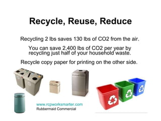Recycle, Reuse, Reduce Recycling 2 lbs saves 130 lbs of CO2 from the air. You can save 2,400 lbs of CO2 per year by recycling just half of your household waste. Recycle copy paper for printing on the other side.  www.rcpworksmarter.com Rubbermaid Commercial 