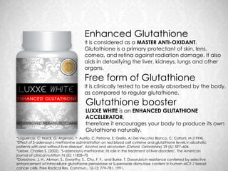 Enhanced Glutathione
                                         It is considered as a MASTER ANTI-OXIDANT.
                                         Glutathione is a primary protectant of skin, lens,
                                         cornea, and retina against radiation damage. It also
                                         aids in detoxifying the liver, kidneys, lungs and other
                                         organs.

                                         Free form of Glutathione
                                         It is clinically tested to be easily absorbed by the body,
                                         as compared to regular glutathione.

                                         Glutathione booster
                                         LUXXE WHITE is an ENHANCED GLUTATHIONE
                                         ACCELERATOR,
                                         therefore it encourages your body to produce its own
                                         Glutathione naturally.
*Loguercio, C; Nardi, G; Argenzio, F; Aurilio, C; Petrone, E; Grella, A; Del Vecchio Blanco, C; Coltorti, M (1994).
"Effect of S-adenosyl-L-methionine administration on red blood cell cysteine and glutathione levels in alcoholic
patients with and without liver disease". Alcohol and alcoholism (Oxford, Oxfordshire) 29 (5): 597–604.
*Lieber, Charles S. (2002). "S-adenosyl-L-methionine: its role in the treatment of liver disorders". The American
journal of clinical nutrition 76 (5): 1183S–7S
*Doroshow. J. H.. Akman, S., Esworthy. S.. Chu, F. F., and Burke. T. Doxorubicin resistance conferred by selective
enhancement of intracellular glutathione peroxidase or Superoxide dismutase content in human MCF-7 breast
cancer cells. Free Radical Res. Commun., 12-13: 779-781, 1991.
 